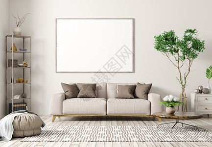 现代室内公寓,客厅米色沙发,咖啡桌,地毯大模拟海报框架墙上的三维渲染图片