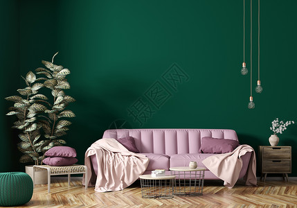 现代室内公寓,客厅与粉红色沙发,茶几植物3D渲染图片
