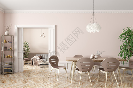 现代餐厅客厅的内部,米色桌椅靠墙,门三维渲染背景图片