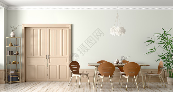 现代餐厅的内部,木制桌椅靠墙,门三维渲染背景图片
