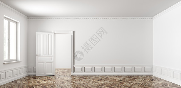 经典的空公寓内部有两个房间,客厅有打开的门,窗户,白色墙壁与凸起的面板木制拼花地板3D渲染背景图片