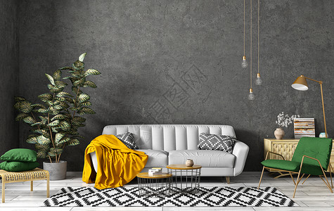 黑色地毯现代室内的客厅与灰色沙发,茶几,绿色扶手椅与黑色混凝土墙三维渲染背景