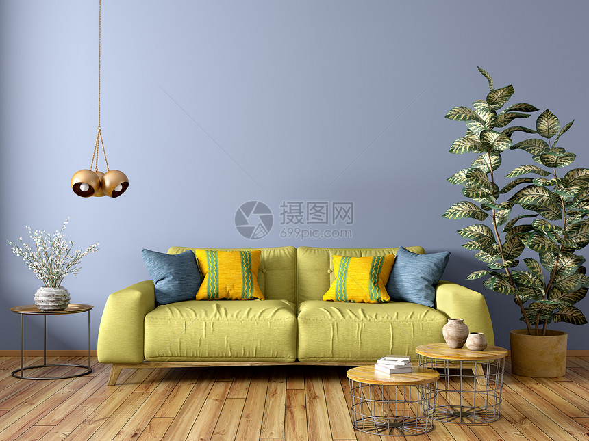 现代室内的客厅与绿色沙发,木制茶几,植物,靠蓝墙三维渲染图片