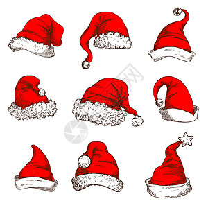 圣诞老人精灵圣诞老人红色帽子图标圣诞红帽圣诞老人小精灵的帽子,白色毛皮装饰,波姆,叮当铃星星圣诞节新年元素圣诞红背景