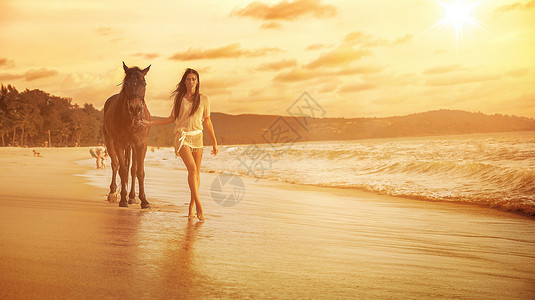 女孩与马水墨画迷人的黑发女士与她忠诚的马伴背景
