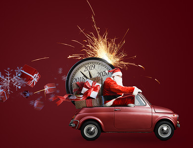 2019时钟圣诞节倒计时到来圣诞老人汽车上送新年礼物时钟红色背景汽车上的圣诞老人倒计时背景