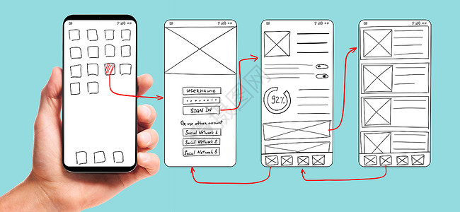 手机UIUI开发男手持智能手机与线框用户界面屏幕原型的移动应用程序蓝色背景开发移动应用程序UI背景