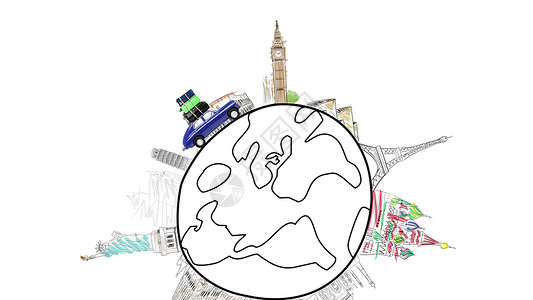 地标素描世界各地蓝色复古玩具汽车与旅行箱驾驶著名的纪念碑卡通星球4k循环动画,放大缩小开车旅行背景