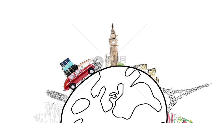 世界各地红色复古玩具汽车与旅行箱驾驶的著名纪念碑卡通星球4k循环动画开车旅行图片