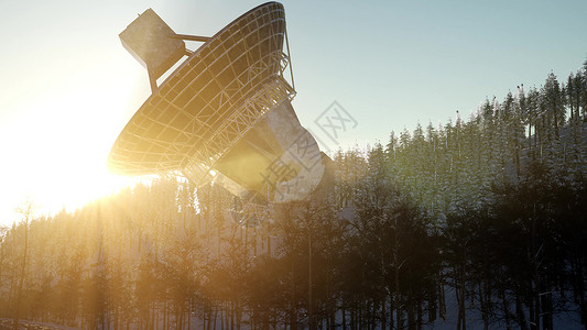 球面射电望远镜日落时森林里的天文台射电望远镜设计图片