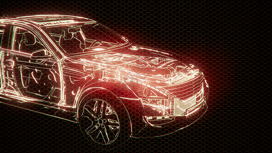 汽车动画三维线框汽车模型与发动机水獭技术部件的全息动画三维线框汽车模型与发动机的全息动画设计图片