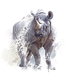黑色犀牛水彩数字画白色背景上图片