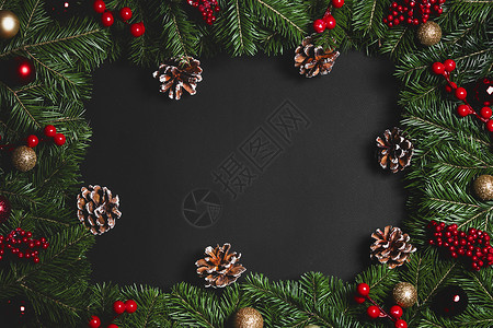 圣诞边框的树枝红色浆果黑纸背景下平放顶部视图模型圣诞树树枝的圣诞框架图片
