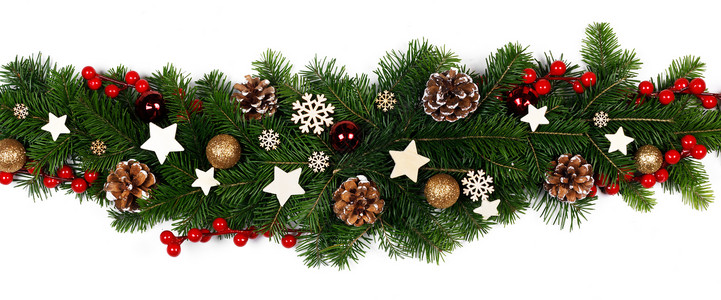波普星星边框圣诞边框条纹的树枝白色背景与隔离,红色金色装饰,浆果,星星,锥圣诞树树枝的圣诞框架背景