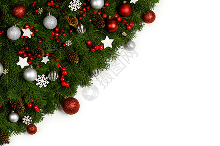 波普星星边框圣诞边框的树枝白色背景与隔离,红白装饰,浆果,星星,锥圣诞树树枝的圣诞框架背景