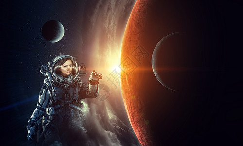 宇航员海报太空中的女宇航员接触行星这幅图像的元素由美国宇航局提供探索外层背景