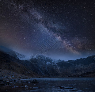 银河系有多庞大夜间白雪覆盖山脉冬季景观的次复合图像,上面有银河背景