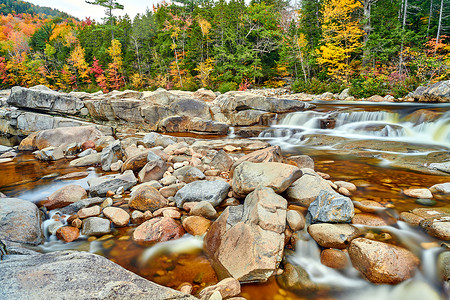 斯威夫特河瀑布秋天的白山森林,新罕布什尔州,美国落新英格兰伍兹高清图片素材