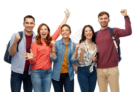 教育高中人的群快乐的学生白色背景下庆祝成功群快乐的学生庆祝成功图片