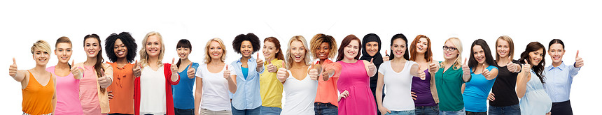 多样女结的国际快乐微笑的同女白色背景上竖大拇指国际妇女体竖大拇指图片