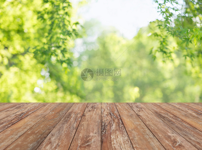 产品展示空木桌与模糊的绿色夏季公园背景木制桌子,模糊的夏季公园背景图片