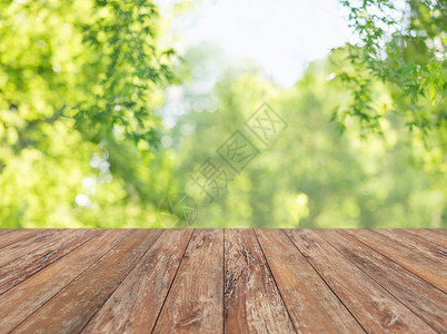 产品展示空木桌与模糊的绿色夏季公园背景木制桌子,模糊的夏季公园背景背景图片