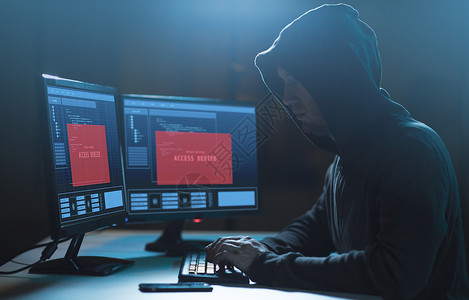 网络犯罪,黑客技术男黑客访问被拒绝的信息计算机屏幕上用病程序进行网络攻击黑暗的房间访问权限的黑客计算背景图片