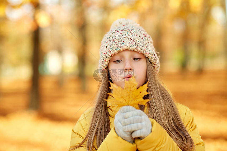 童季节人的秋天公园枫叶快乐女孩的肖像秋天公园枫叶女孩的肖像图片