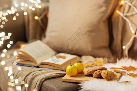 潮湿舒适的家庭柠檬,书,杏仁坚果燕麦饼干沙发上沙发上的柠檬,杏仁燕麦饼干背景图片