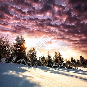 山丽的日落,冬天的风景美丽的红色云景冬天的山上图片