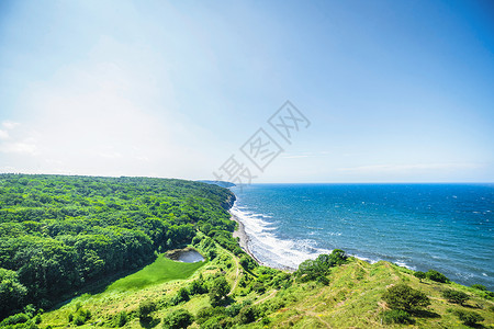 海景海边的山谷上,绿色的森林草地图片