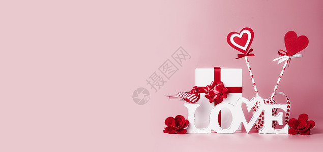 爱的宣言情人节背景文字爱情,礼品盒,红色丝带心形棒棒糖节日问候的浪漫爱情宣言的为您的横幅背景