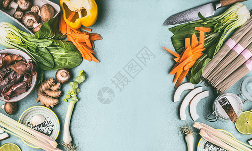 亚洲食物背景素食烹饪的各种传统配料条蔬菜香料俯视图平躺中国泰国菜素食健康营养理念素食主义者高清图片素材