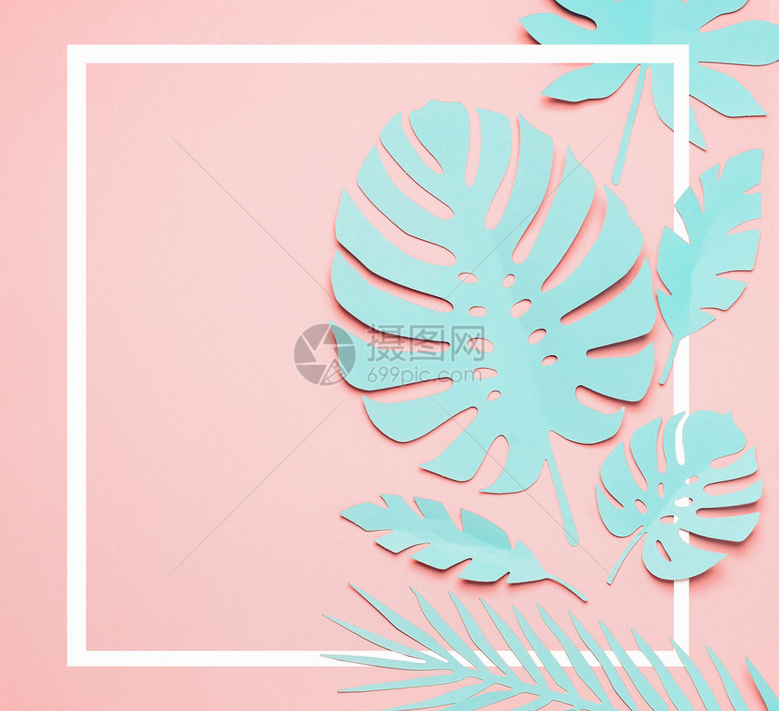 绿松石热带叶片布局白色框架纸热带树叶粉红色背景创意构图柔的颜色与为您的图片
