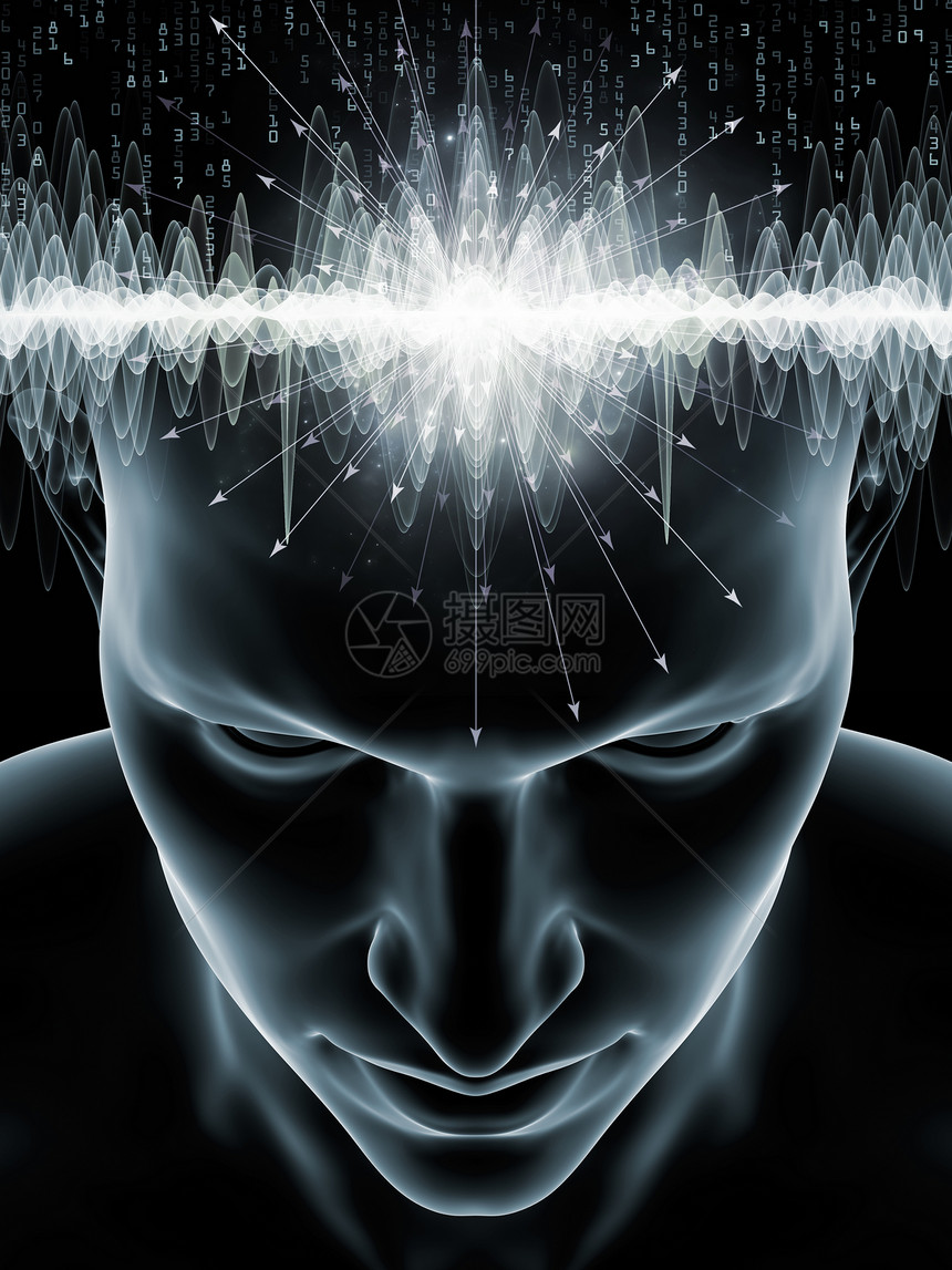 心灵波系列人类头部三维插图的成用于意识大脑智力人工智能主体的技术符号图片