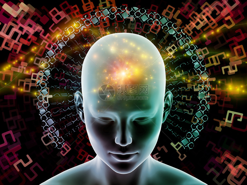 三维插图心灵光环系列人脑思维大脑活动人工智能精神资源内心世界等上辐射抽象元素的背景下图片