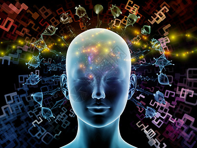 三维插图心灵光环系列大胆的人头思维大脑活动人工智能精神资源内心世界等上辐射抽象元素的背景下背景图片