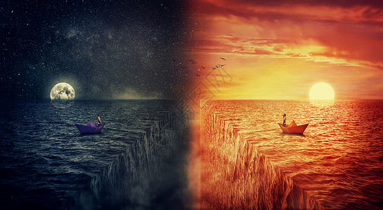 两个世界的观点碰撞,个迷失的人,艘纸船上,航行海洋的中间,试图找自己另个世界,替代现实平行宇宙,多宇宙背景图片