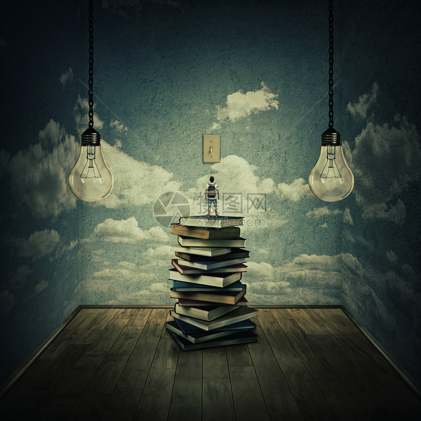 想法与个男孩站堆书上试图灯泡上,周围的混凝土墙壁与云质感思维的限制为了寻找知识图片