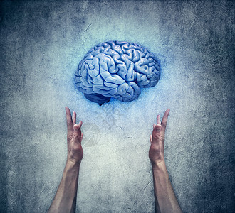 智力保护两只手握着蓝色大脑的特写拯救智力心理健康的图片