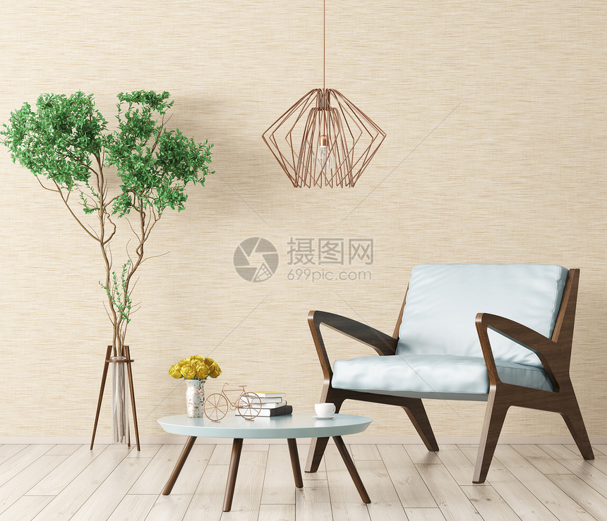 带扶手椅茶几植物三维渲染的客厅现代室内图片