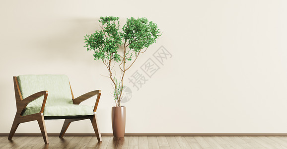 客厅室内与绿色扶手椅大屋植物三维渲染图片