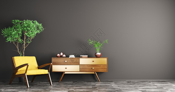 现代室内客厅与木制橱柜黄色扶手椅以上黑色墙壁三维渲染图片