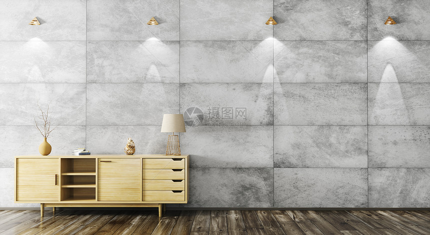 现代室内客厅与木制橱柜上瓷砖混凝土墙三维渲染图片