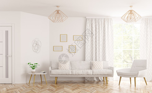 客厅现代室内,沙发扶手椅白色门窗三维渲染背景图片