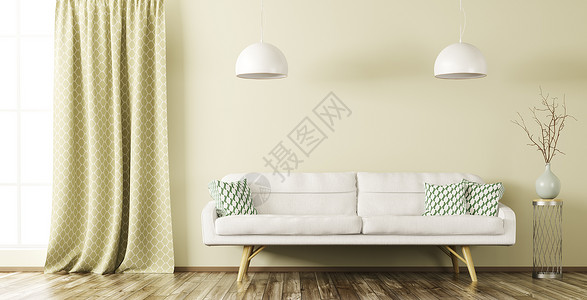客厅现代室内,白色沙发,植物,灯具窗户三维渲染背景图片