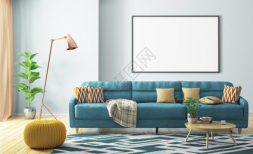地毯海报现代室内客厅与绿松石沙发,黄色针厚皮,木制茶几模拟海报上的墙壁3D渲染背景