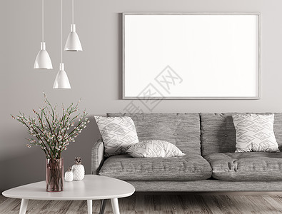 现代室内客厅与灰色沙发,白色茶几模拟海报上的墙壁3D渲染图片