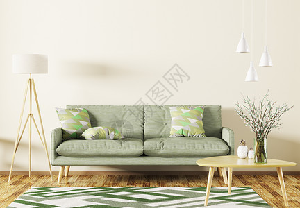 现代室内客厅与绿色沙发,木制茶几,地毯落地灯3D渲染图片