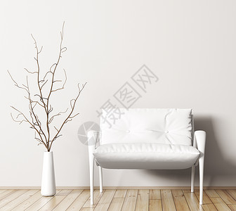 客厅内部白色扶手椅花瓶,树枝三维渲染图片